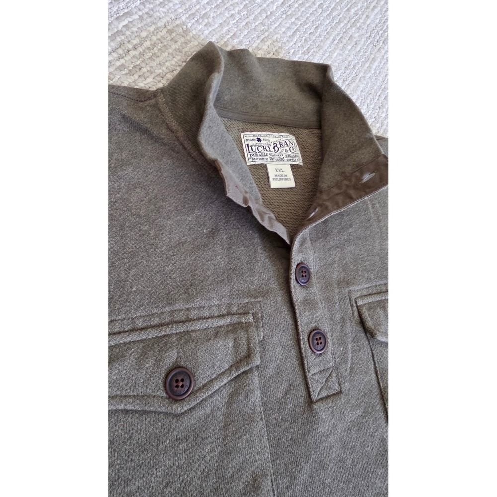 Lucky Brand Mens XXL Olive Green Mock Neck Button Pullover Sweatshirt Pockets